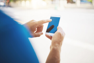 Poster - Man, hands or touch with phone screen in city for travel, commute or navigation on transport app. Closeup, male person or user with mobile smartphone display for UI, UX or cellular service in town