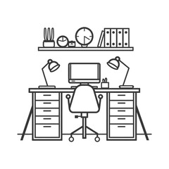 Poster - line drawing of a desk with a computer chair and office supplies