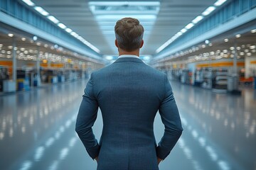 Poster - A Man in a Suit Stands Facing a Blurred Industrial Interior