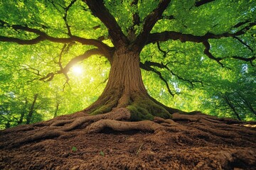 a majestic tree with sprawling branches and roots in a forest setting
