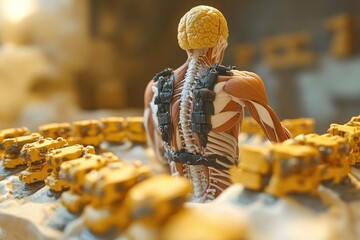 Poster - Anatomical Model of the Human Back and Brain with Yellow Objects in the Foreground