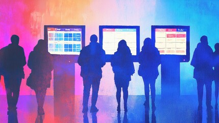 Poster - Silhouetted figures interact with vibrant, illuminated screens, creating a dynamic blend of color and technology in a modern digital environment.
