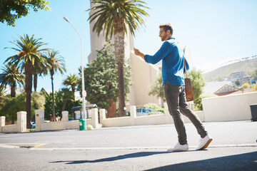 Poster - Man, walking and phone for journey in city, worker and travel consultant with guide app in town. Male person, professional and search for direction on website, outdoor and communication on commute
