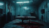 A bloody and disturbing room with a metal table in the middle, a few hanging meat pieces and blood spatter on the walls.