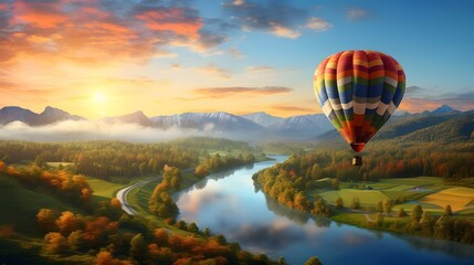 Majestic hot air balloon gracefully floating over a vibrant colorful sunrise landscape of lush green fields winding rivers and a serene pastel sky  A peaceful adventurous and breathtaking aerial view