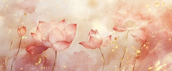 Wall Mural - Spring floral in watercolor background. Luxury wallpaper design with lotus flowers, line art, golden texture. Elegant gold blossom flowers illustration suitable for fabric, prints,cover. Generative Ai