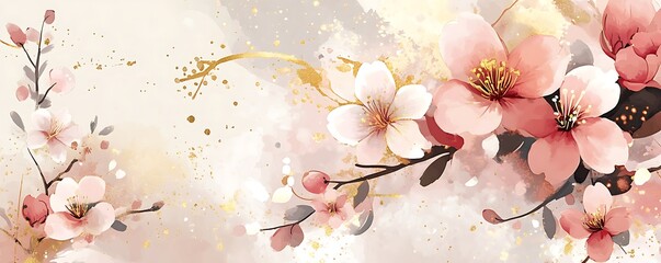 Wall Mural - illustration of luxury abstract art botanical composition. Spring minimal design in pink, white and golden shades. Watercolor flowers, plants, leaves, sakura. Cherry blossoms. Generative Ai