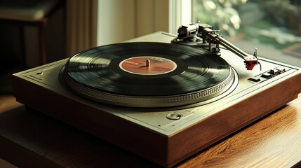 Wall Mural - Top view of a vintage record player with retro design features