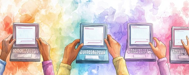 Poster - The image depicts hands using laptops against a colorful, watercolor background, symbolizing digital communication and creativity.