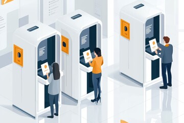 Poster - A modern setting featuring people using kiosks for information or services in a clean, sleek environment.