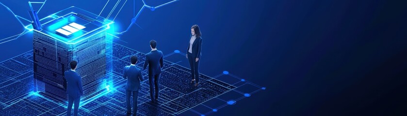 Poster - A futuristic scene depicting individuals analyzing a glowing digital cube, emphasizing technology and innovation in a dark, blue environment.
