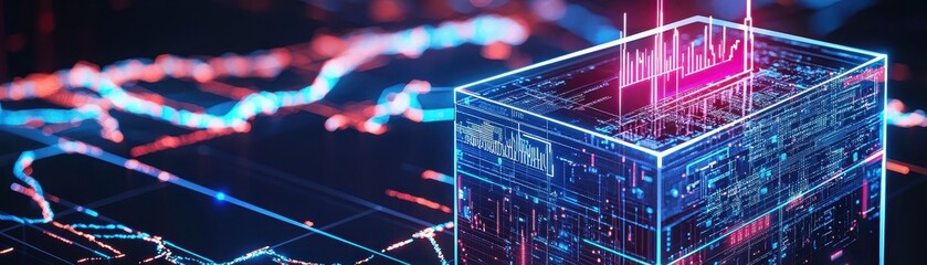 Poster - A futuristic digital cube surrounded by vibrant data visualizations, symbolizing technology, finance, and data analysis.