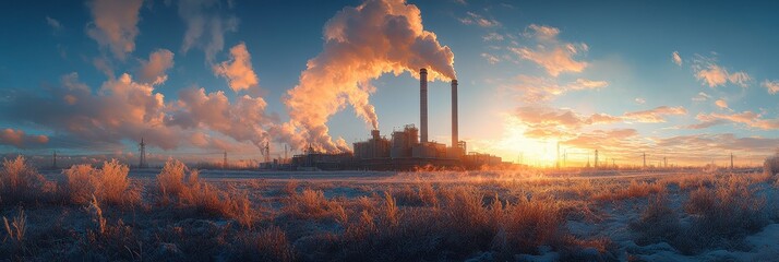 Industrial power plant with towering smokestacks releasing steam against a clear blue sky, showcasing energy production and environmental impact