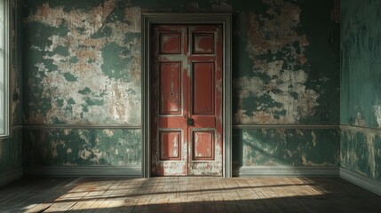 Poster - Abandoned house interior with peeling paint and vintage doors