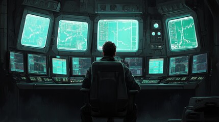 Futuristic Hacker Workstation with Multiple Monitors and Data Displays