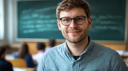 A young European male teacher smiles confidently in a classroom, engaging with students in a positive learning environment, promoting education and growth.