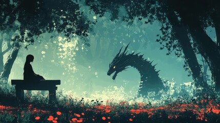 painting illustration style, an Japanese girl sitting with dragon in forest, fairytale artwork, Generative Ai