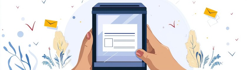 Poster - A person holds a digital device displaying a message, surrounded by decorative elements, suggesting communication and connection.