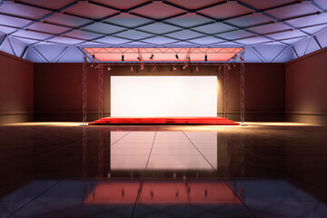 Poster - Empty Exhibition Stage with Lighting Truss in Modern Hall. 3D Rendering