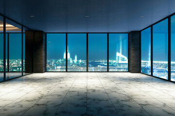 Poster - Modern Empty Room with City View at Night. 3D Rendering