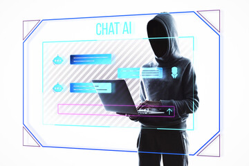 Poster - Person using laptop with AI chat interface in a futuristic style.