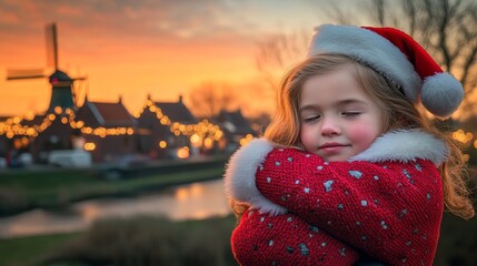 Joyful Dutch Child Embraced by Santa in a Classic Village with Holiday Lights and Windmill