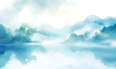 Wall Mural - watercolor painting of landscape with fog-generative ai