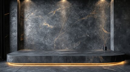 Poster - wall with stage for product display on dark background. dark stone podium, minimalism style.