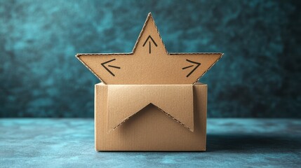 Poster - A cardboard box with a star shape and arrows pointing to the top and bottom