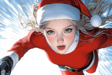 Poster - dynamic illustration of girl in Santa outfit, with flowing hair and determined expression, set against motion filled background