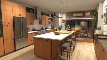 Modern kitchen with stainless steel appliances and wood cabinets.