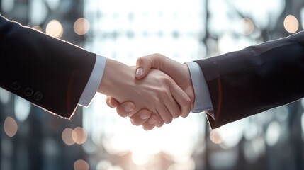 Poster - two businesspeople, a man and a woman in sharp suits, shaking hands with genuine smiles after closin