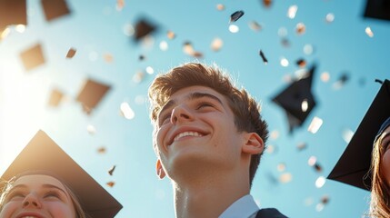 Poster - a group of students wearing graduation caps and gowns, tossing their caps high in the air with joyfu