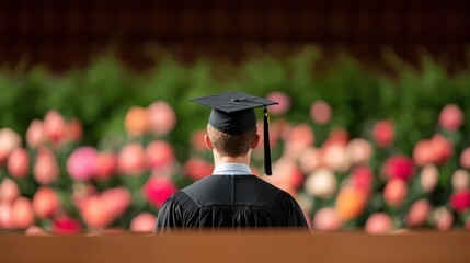 Poster - a student standing on a stage, giving a graduation speech with confidence and poise, addressing a la