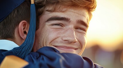 Poster - students and their families celebrating graduation day with hugs, laughter, and proud smiles.