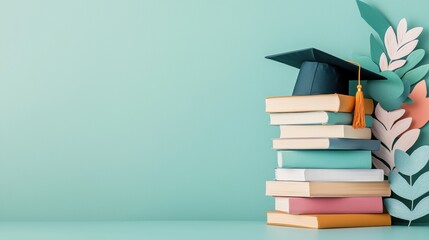Poster - a stack of books with a graduation cap resting on top, symbolizing the culmination of years of hard 