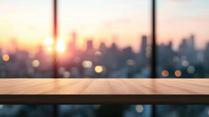 Poster - a view of a bustling city skyline from a conference room window, symbolizing ambition, innovation, a