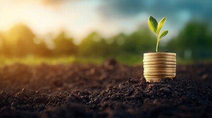 Poster - a stack of gold coins with a plant sprouting from the top, symbolizing growth, prosperity, and long 