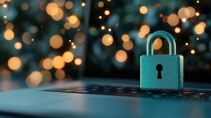 Poster - A padlock icon digitally superimposed on a laptop screen, representing the importance of strong passwords and data encryption for online security.
