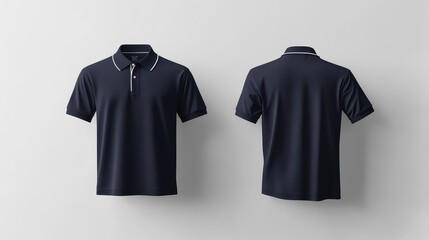 Wall Mural - Sleek dark blue polo shirt mockup with blank front and back, ideal for showcasing custom designs, logos, or text, with a versatile and modern aesthetic.