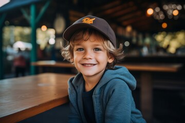 Portrait of a smiling little boy in a cap on a background of a cafe