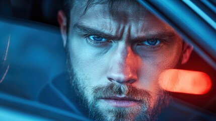 Poster - A frustrated driver stuck in gridlock, their face reflecting the stress and frustration of urban traffic congestion.