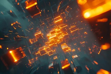 Abstract digital background with futuristic glowing lights and cyberpunk elements, representing the speed of data transfer in cyberspace or virtual reality. 