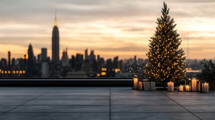 Christmas tree decorated with fairy lights on a rooftop, city skyline backdrop, modern holiday celebration, urban winter night