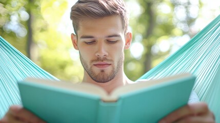 Wall Mural - A person reading a book in a hammock, surrounded by nature, representing the pursuit of knowledge, self improvement, and intellectual growth.