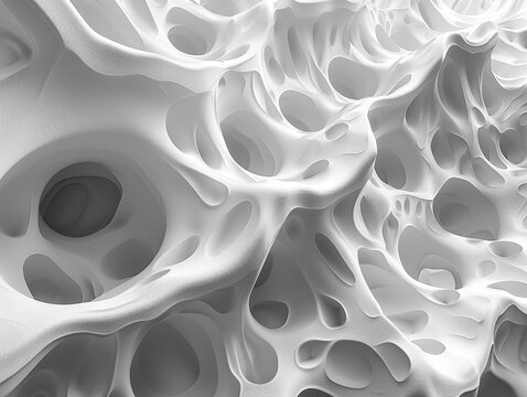 Abstract white organic structure with intricate holes and curves.