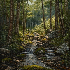  A small stream flows through a lush, green forest with rocks. Trees and foliage line both sides.

