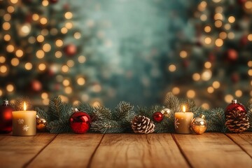 Wall Mural - empty christmas table background with christmas tree out of focus for product display montage