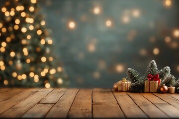 Wall Mural - empty christmas table background with christmas tree out of focus for product display montage