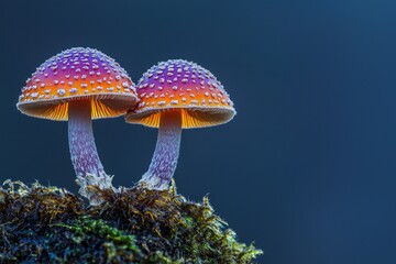 Two isolated mushrooms with orange and purple caps